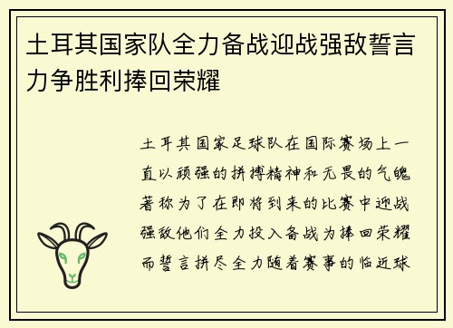土耳其国家队全力备战迎战强敌誓言力争胜利捧回荣耀