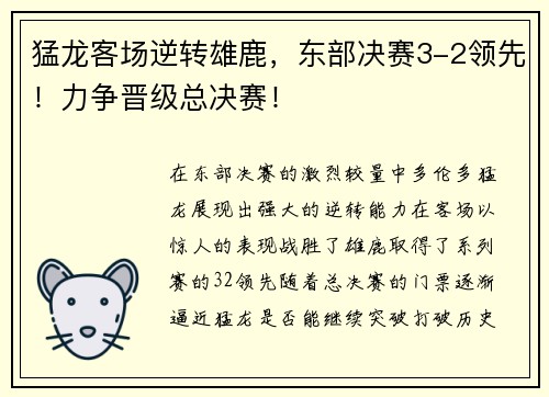 猛龙客场逆转雄鹿，东部决赛3-2领先！力争晋级总决赛！