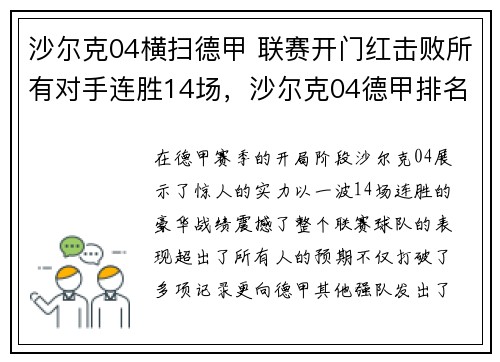 沙尔克04横扫德甲 联赛开门红击败所有对手连胜14场，沙尔克04德甲排名