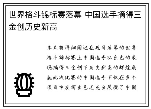 世界格斗锦标赛落幕 中国选手摘得三金创历史新高