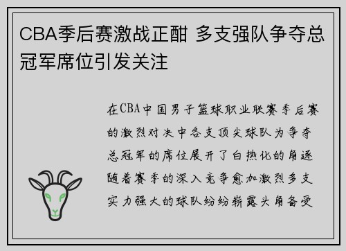 CBA季后赛激战正酣 多支强队争夺总冠军席位引发关注