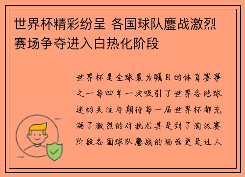 世界杯精彩纷呈 各国球队鏖战激烈 赛场争夺进入白热化阶段